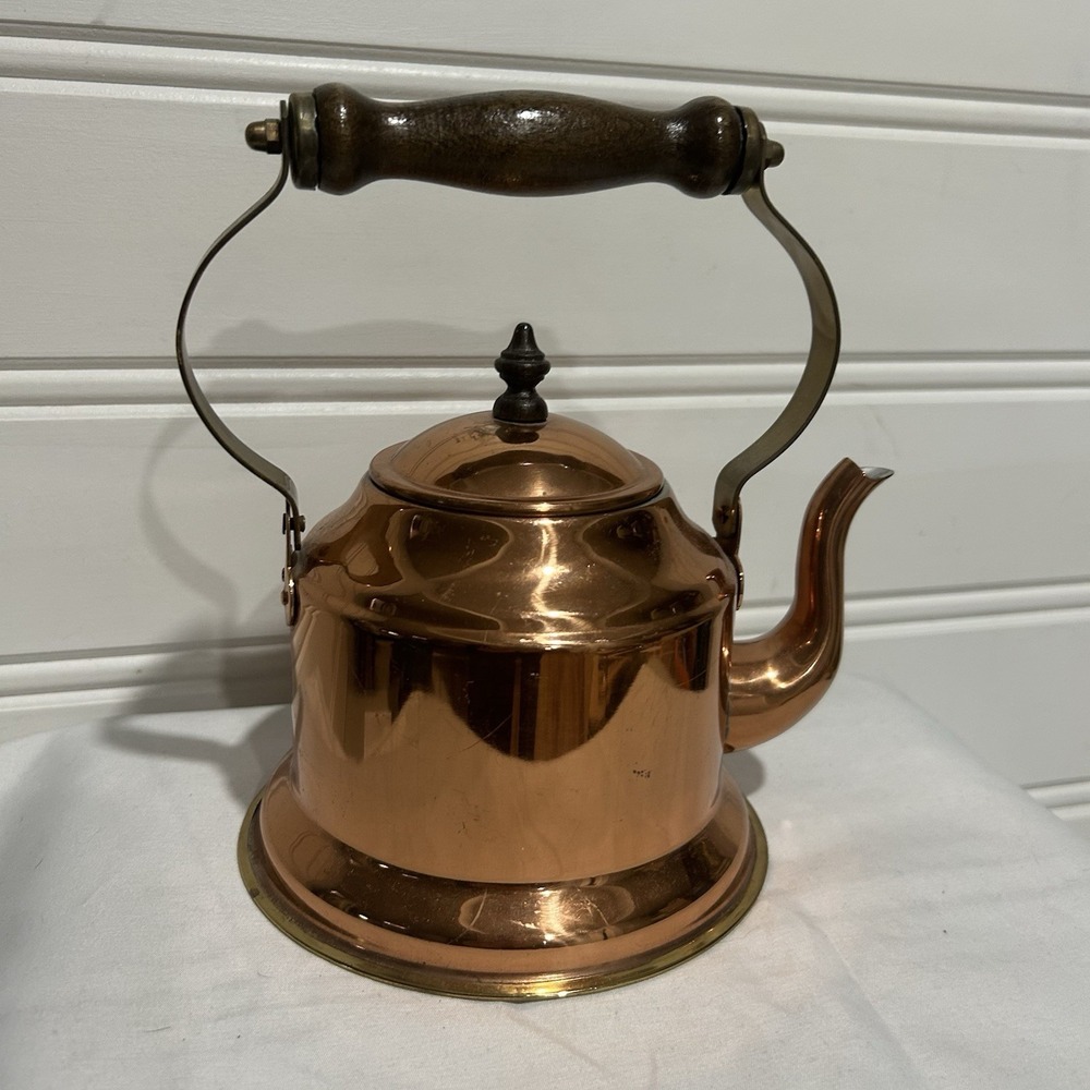 Vintage Marketworld 1980s Copper Tea Kettle with Wooden Handle Made in Portugal - Picture 2 of 14
